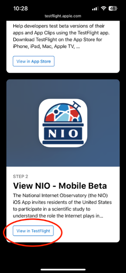 The NIO Testflight landing page with the words ‘View in Testflight’ Circled