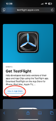The NIO Testflight landing page with the words ‘View in App Store’ Circled